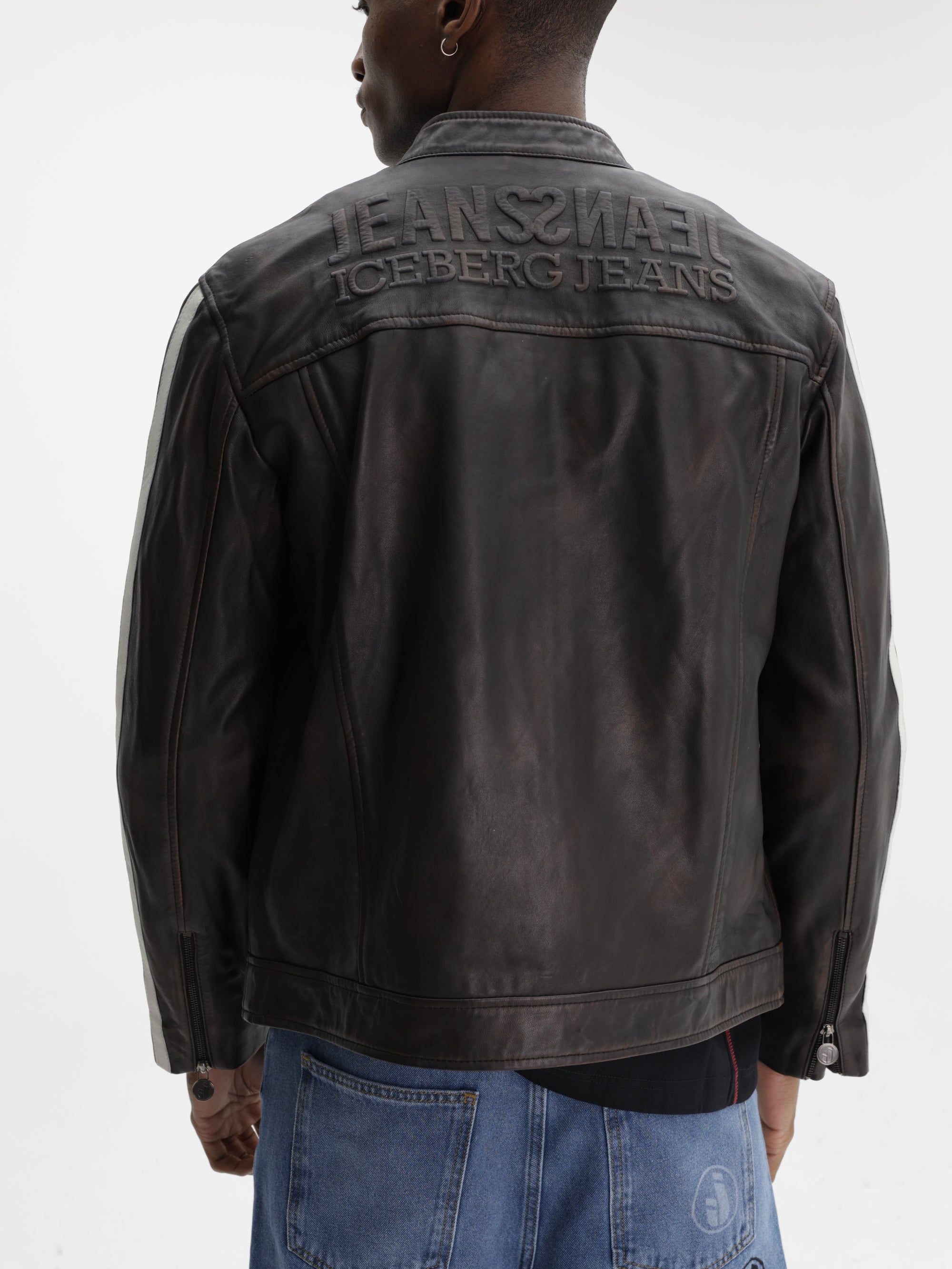 Iceberg Jeans Jacket White Stripe Leather Black