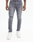 Purple Jeans Worn Knee Slit Grey