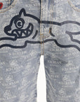 Ice Cream Shorts Repeat Print Denim Heavy Wash Blue