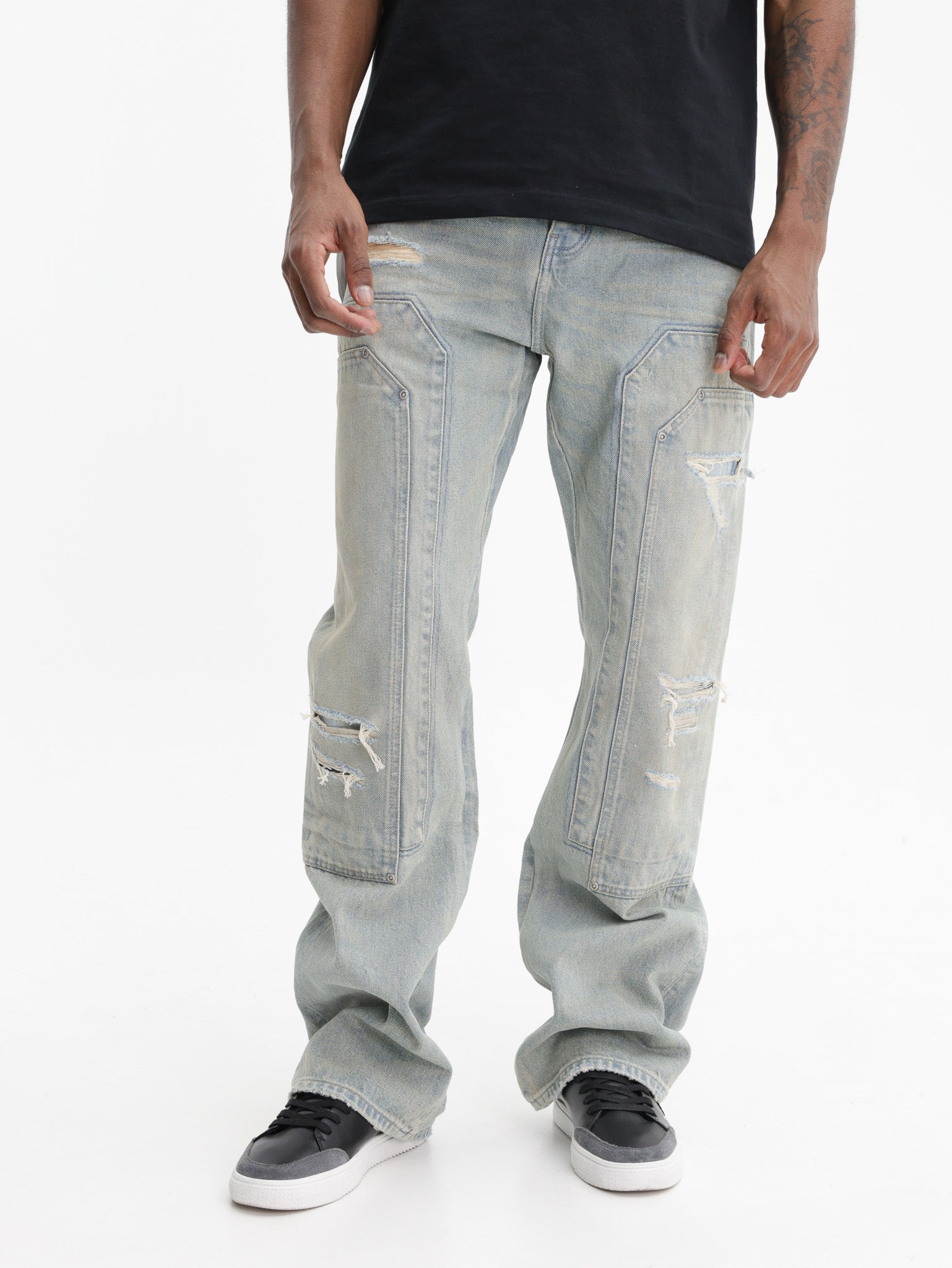 Purple Jeans Ripped Panel Bootleg Medium Wash
