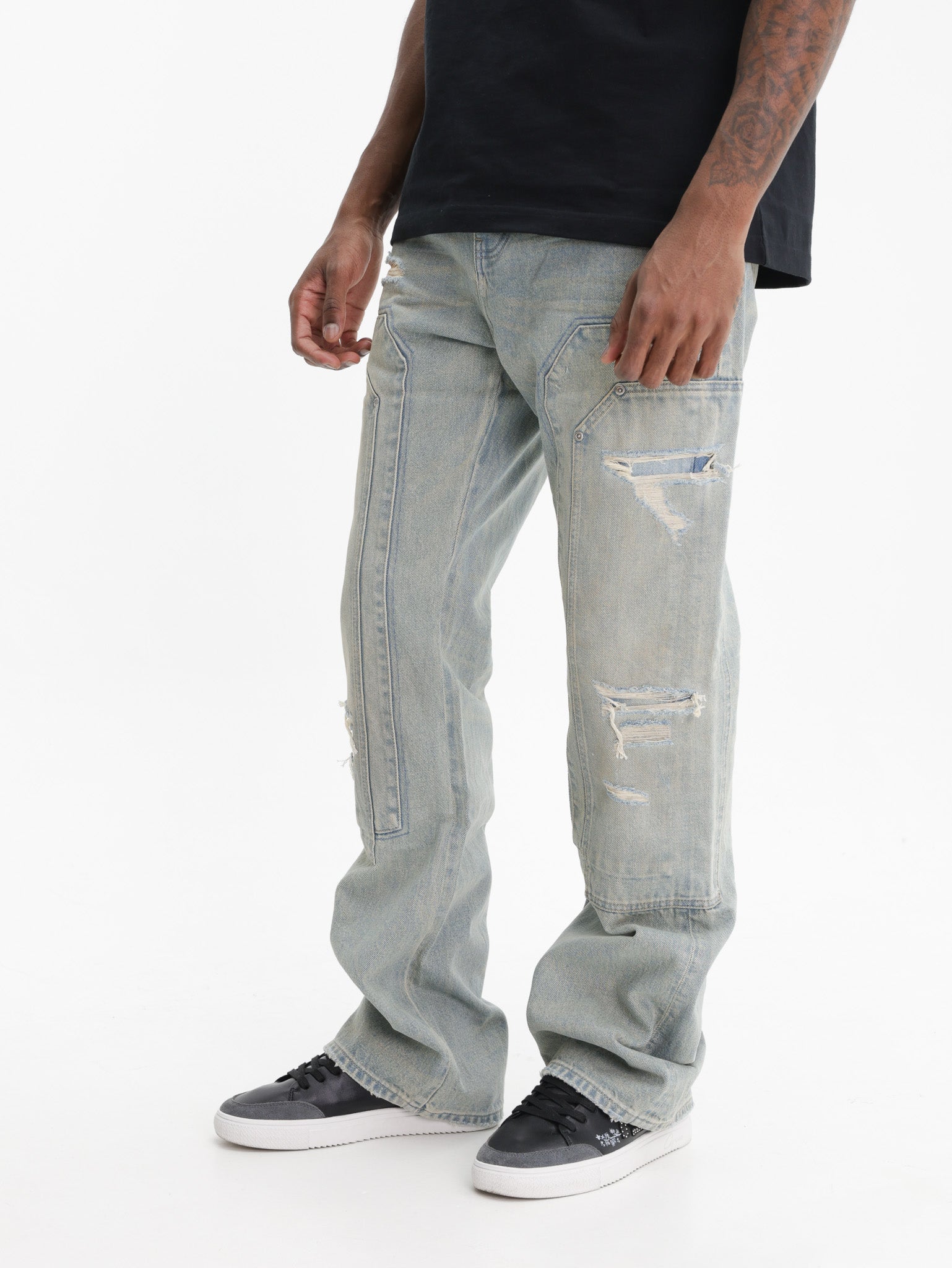 Purple Jeans Ripped Panel Bootleg Medium Wash
