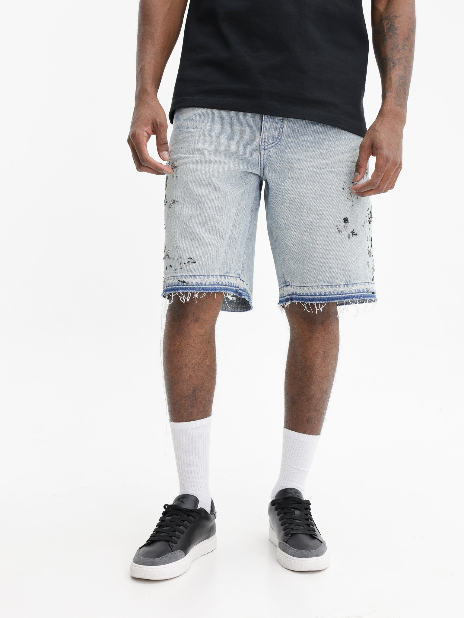 Purple Shorts Black Paint Splatter Light Wash