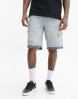 Purple Shorts Black Paint Splatter Light Wash