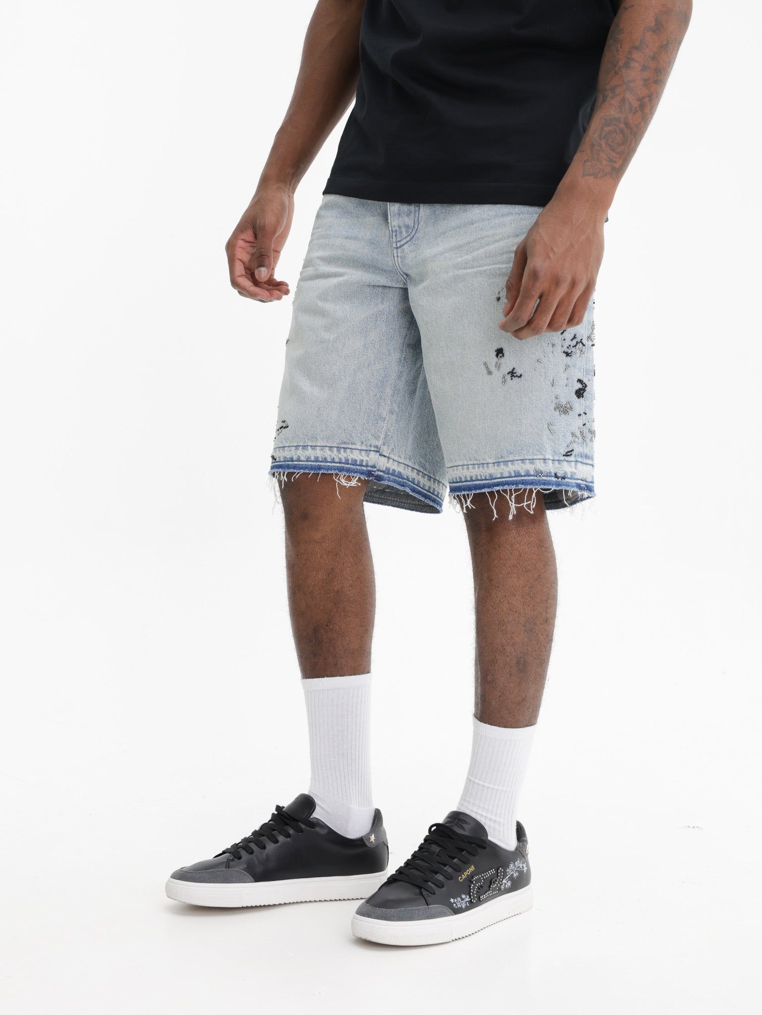 Purple Shorts Black Paint Splatter Light Wash