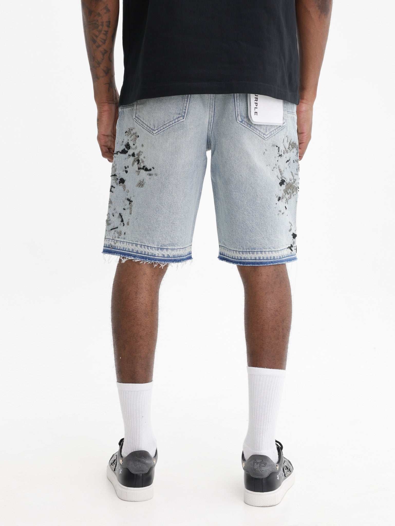 Purple Shorts Black Paint Splatter Light Wash