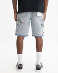Purple Shorts Black Paint Splatter Light Wash