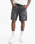 Purple Shorts Denim Paint Splatter Black