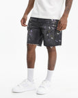 Purple Shorts Denim Paint Splatter Black