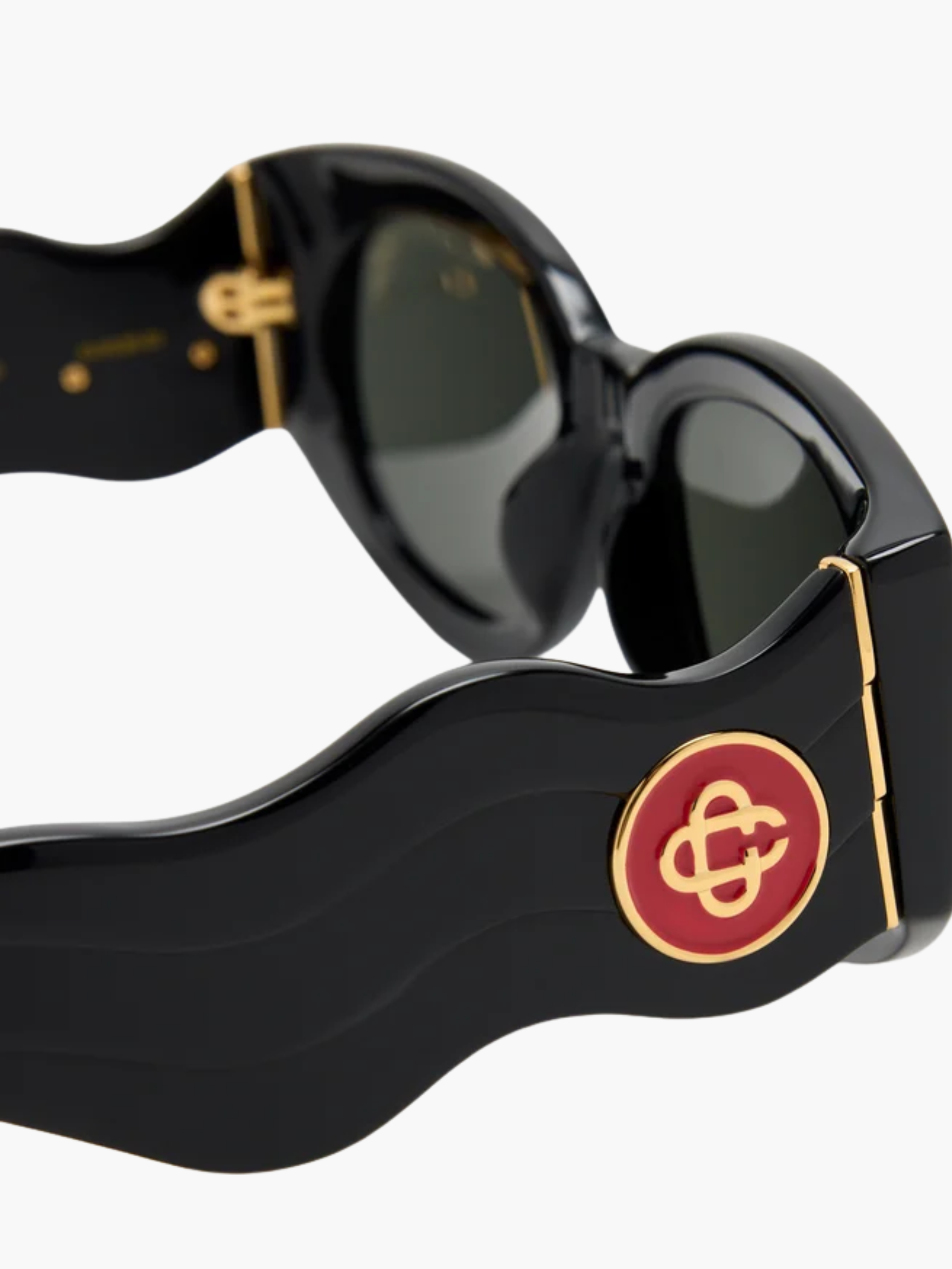 Casablanca Acetate &amp; Metal Oval Wave Sunglasses Black/Yellow Gold/Grey