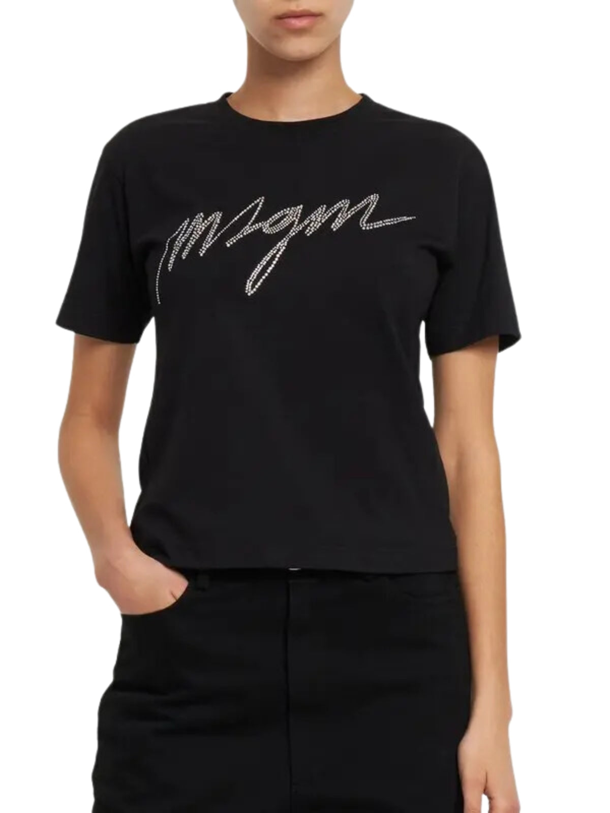 Msgm T-Shirt Ladies Diamante Logo Black - 3