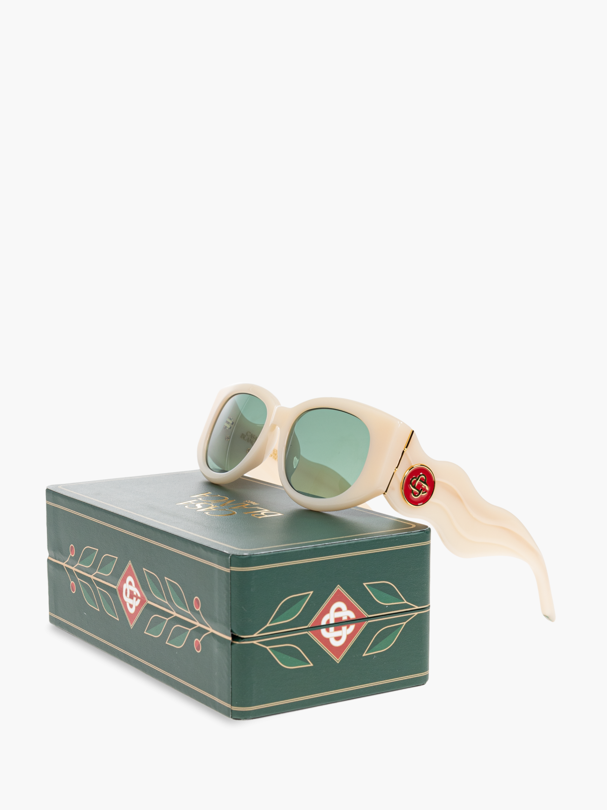 Casablanca Acetate &amp; Metal Oval Wave Sunglasses Cream/Yellow Gold/Green
