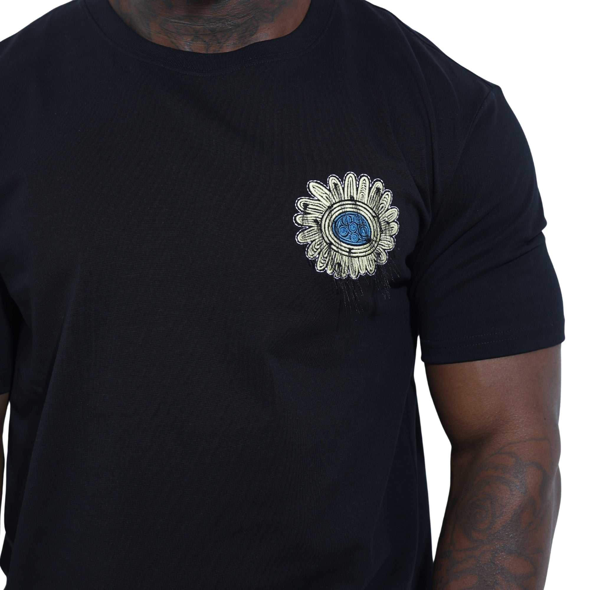 Capone T-Shirt Mexican Embroidered Flower Black-Blue