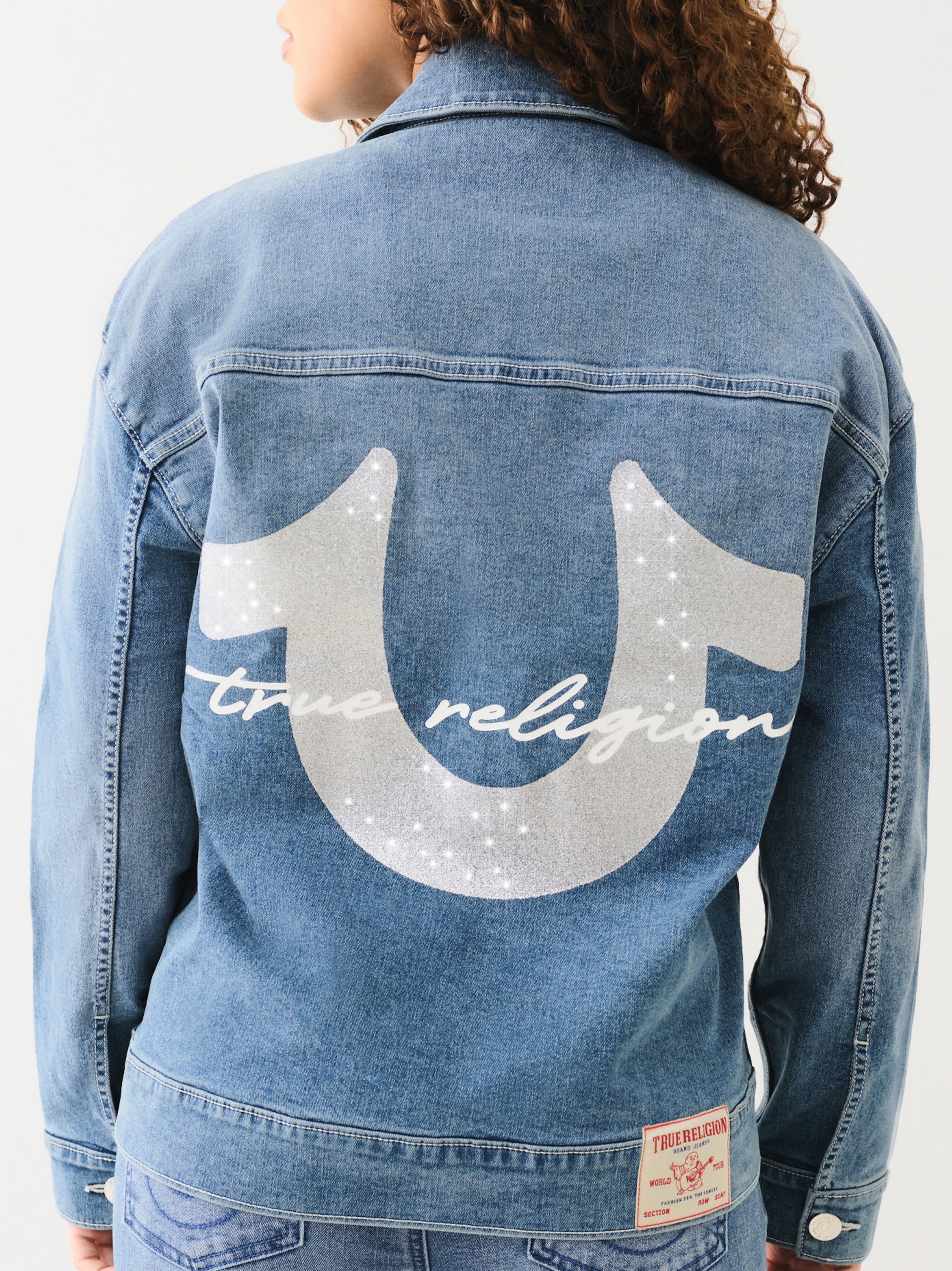True Religion Oversized Glitter Denim Jacket Medium Wintry Wash