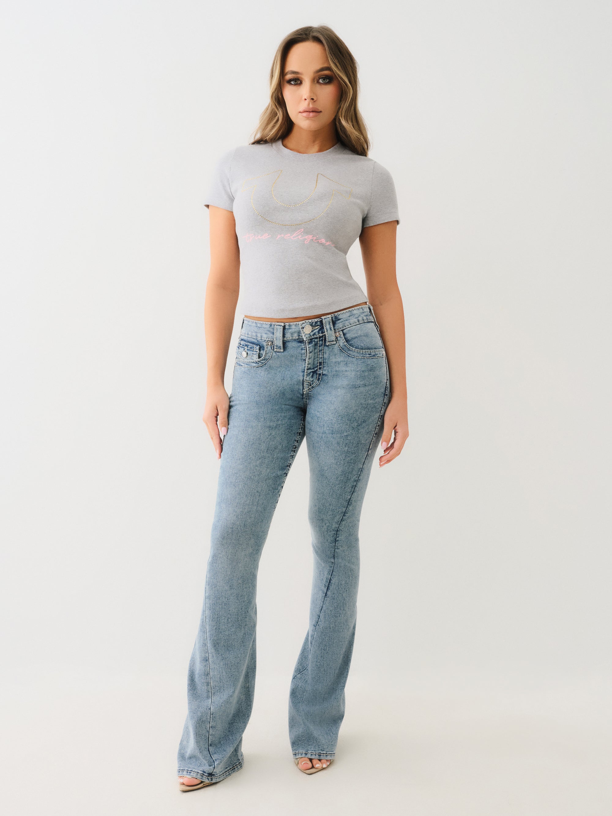 True Religion Crystal Hs Rib Baby Tee Heather Grey