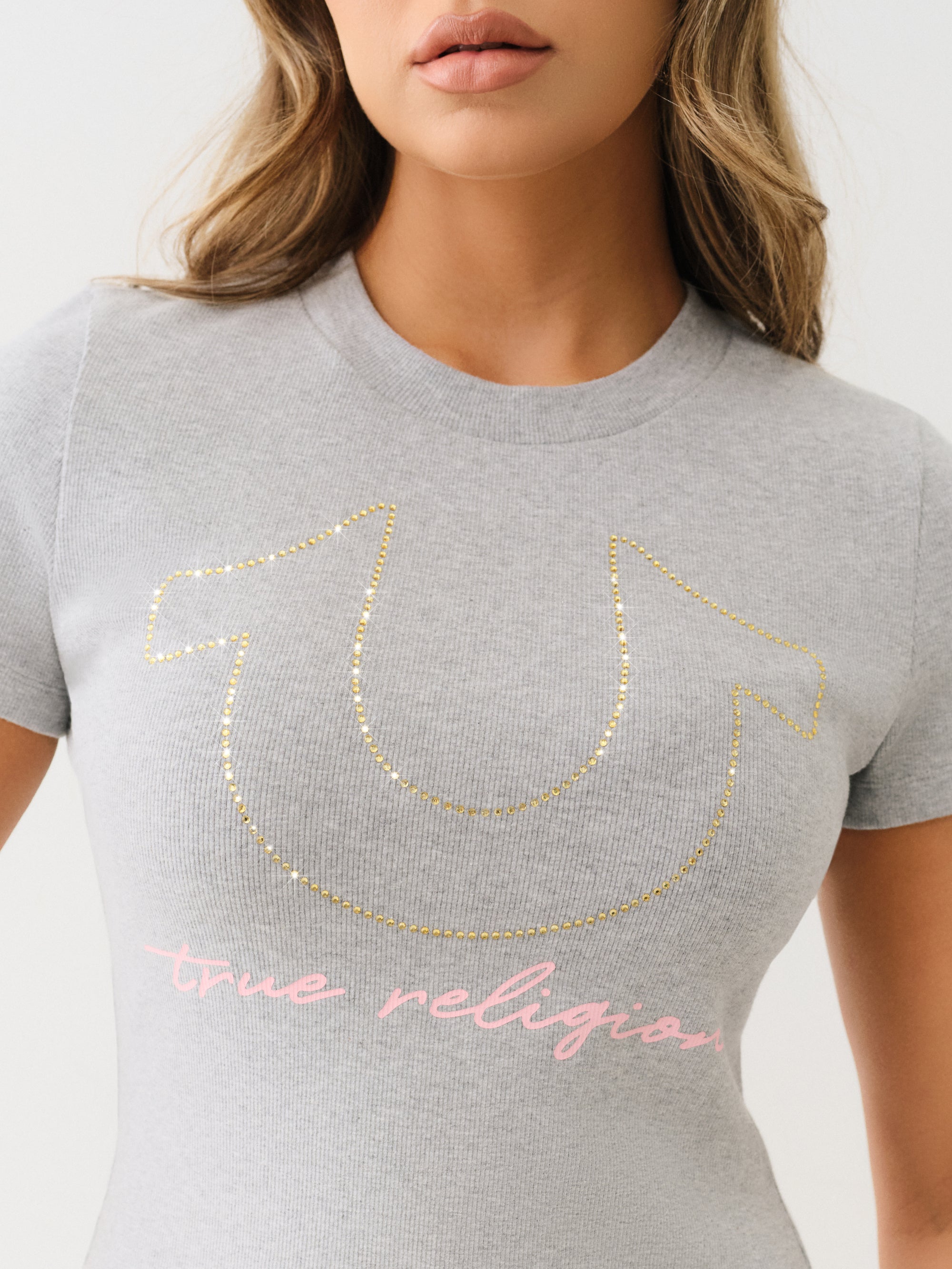 True Religion Crystal Hs Rib Baby Tee Heather Grey
