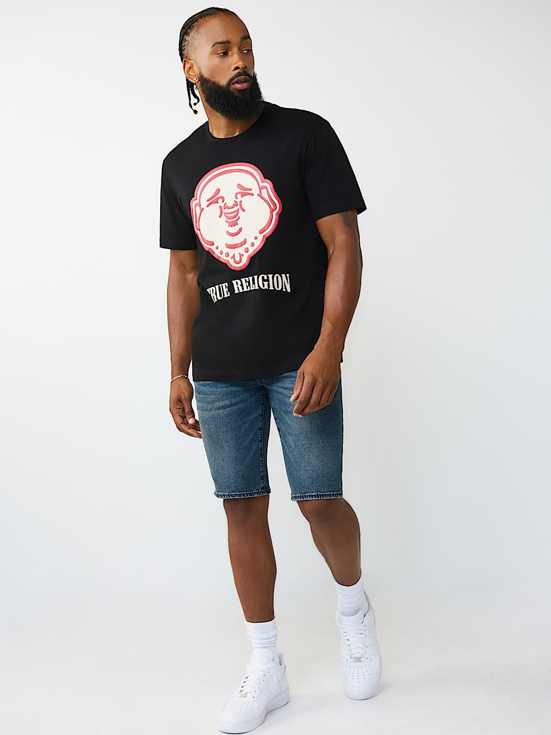 True Religion T-Shirt Puff Buddha Face Jet Black