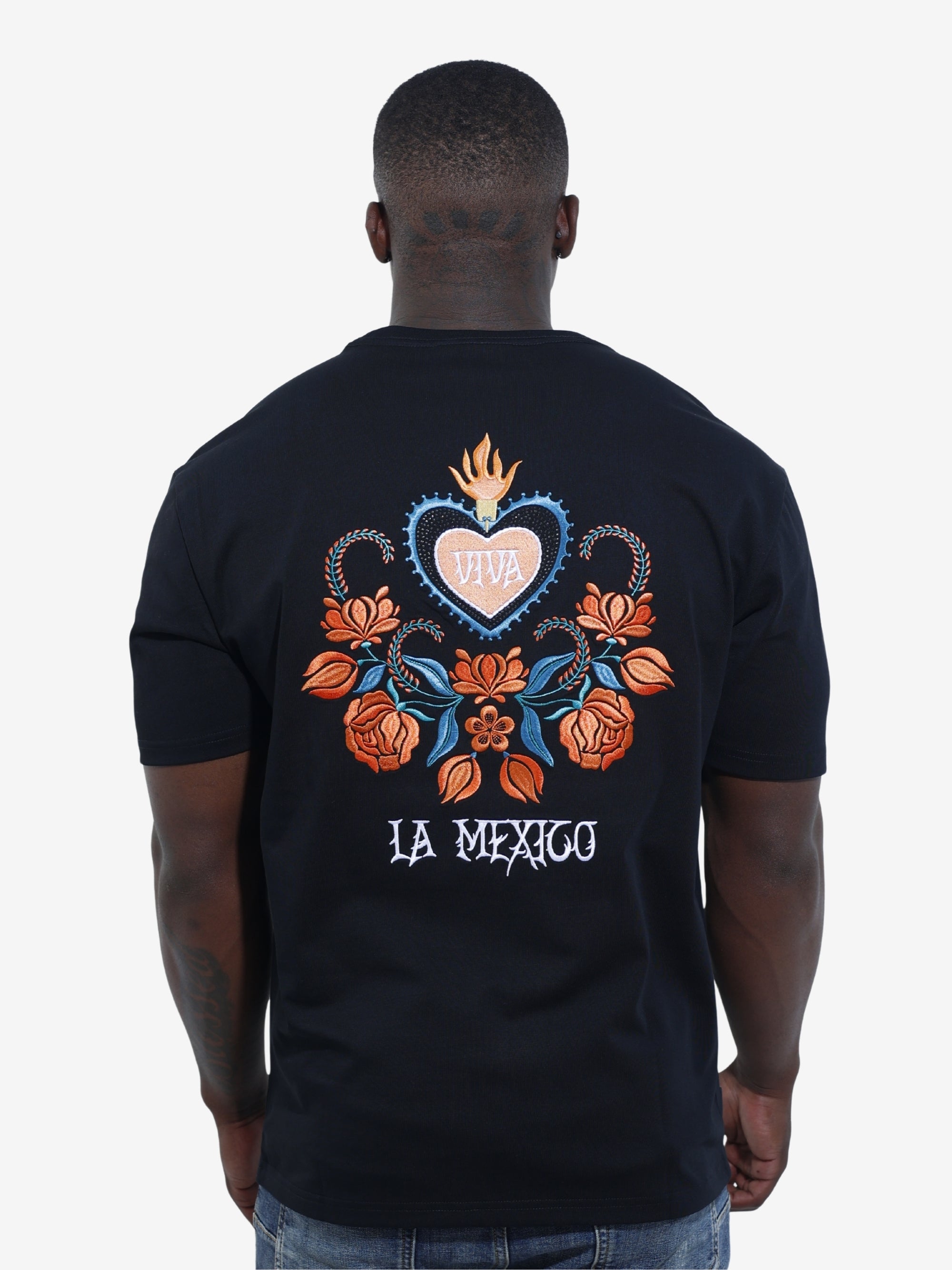 Capone T-Shirt Mexican Embroidered Viva La Mexico Black-Orange