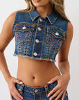 True Religion Denim Cropped Vest Sup T Twilight Teal