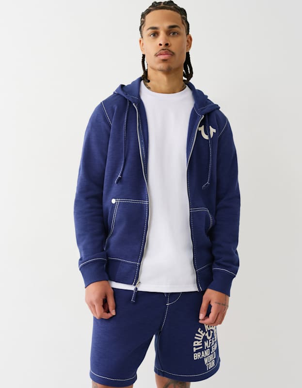 True Religion Big T Slub Zip Up Hoodie Medieval Blue