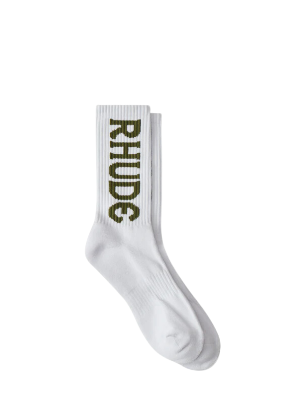 Rhude Socks Vertical Logo White-Olive