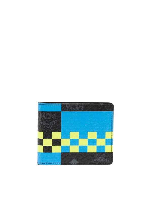 Mcm Card Holder Checkerboard Blue-Black-Lime