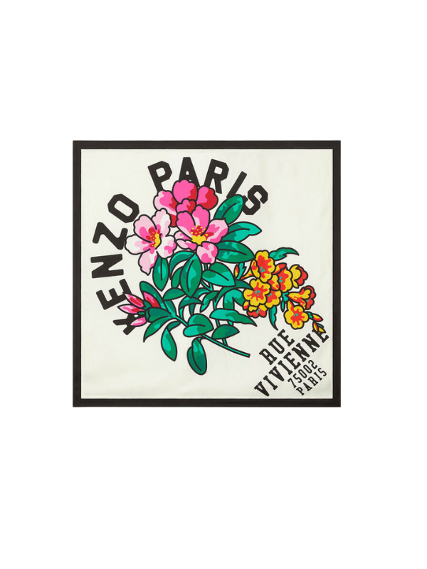 Kenzo Scarf Woven Silk Logo Flowers Off-White